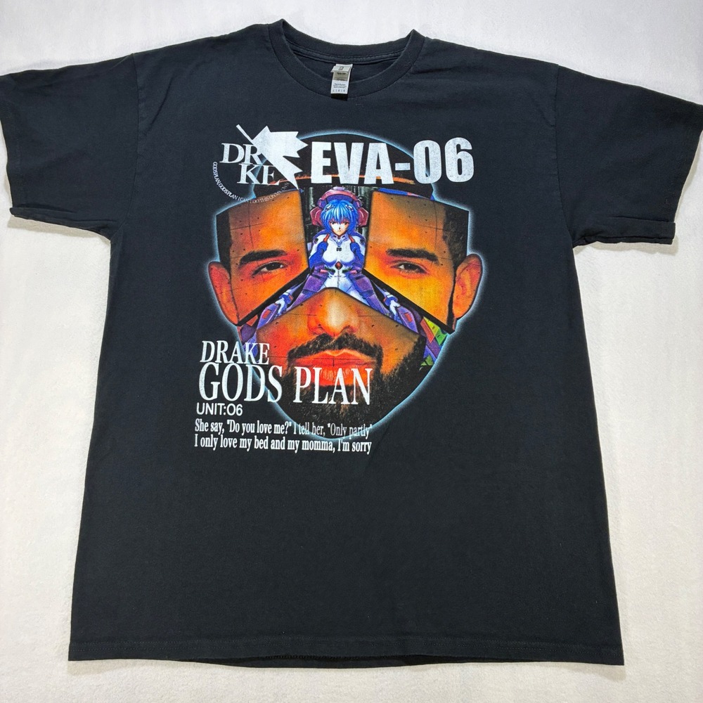 Drake Gods Plan Evangelion Anime Gildan Graphic Mens Large Black Bootleg Tshirt